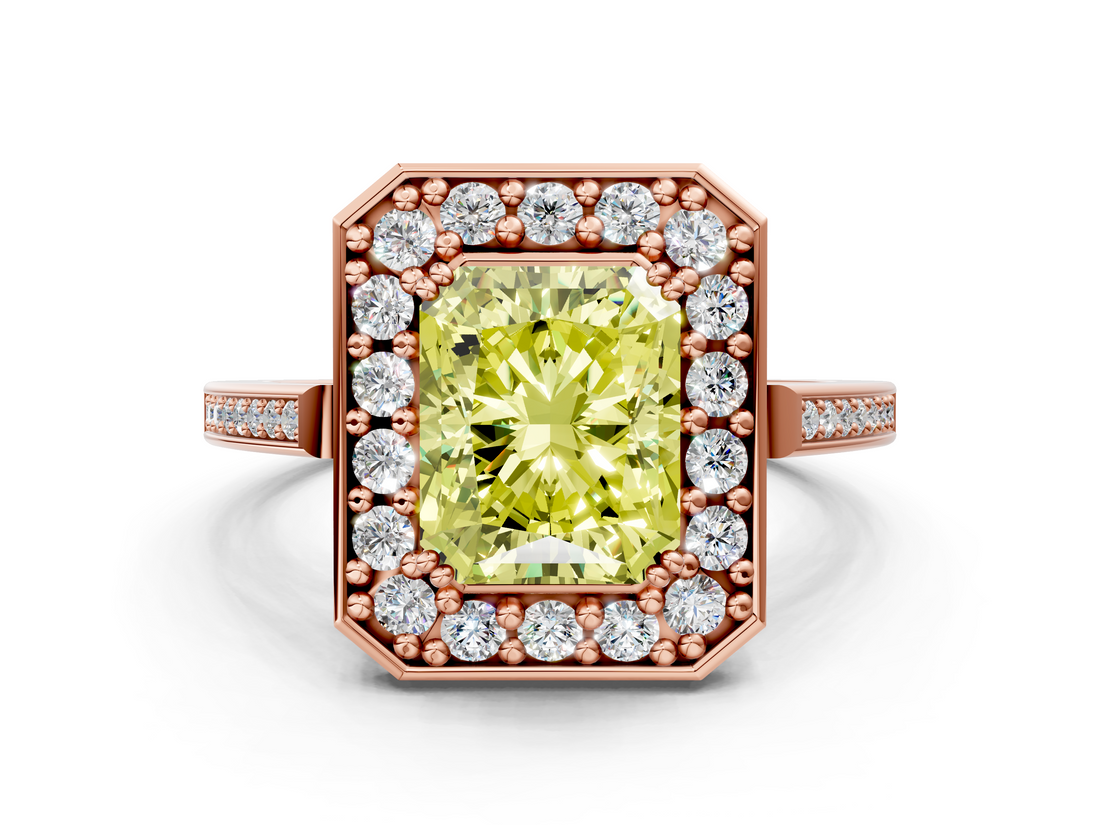 Rose gold Fancy Yellow Radiant  Halo Diamond Ring with Split Shank and Four-Prong Setting_74