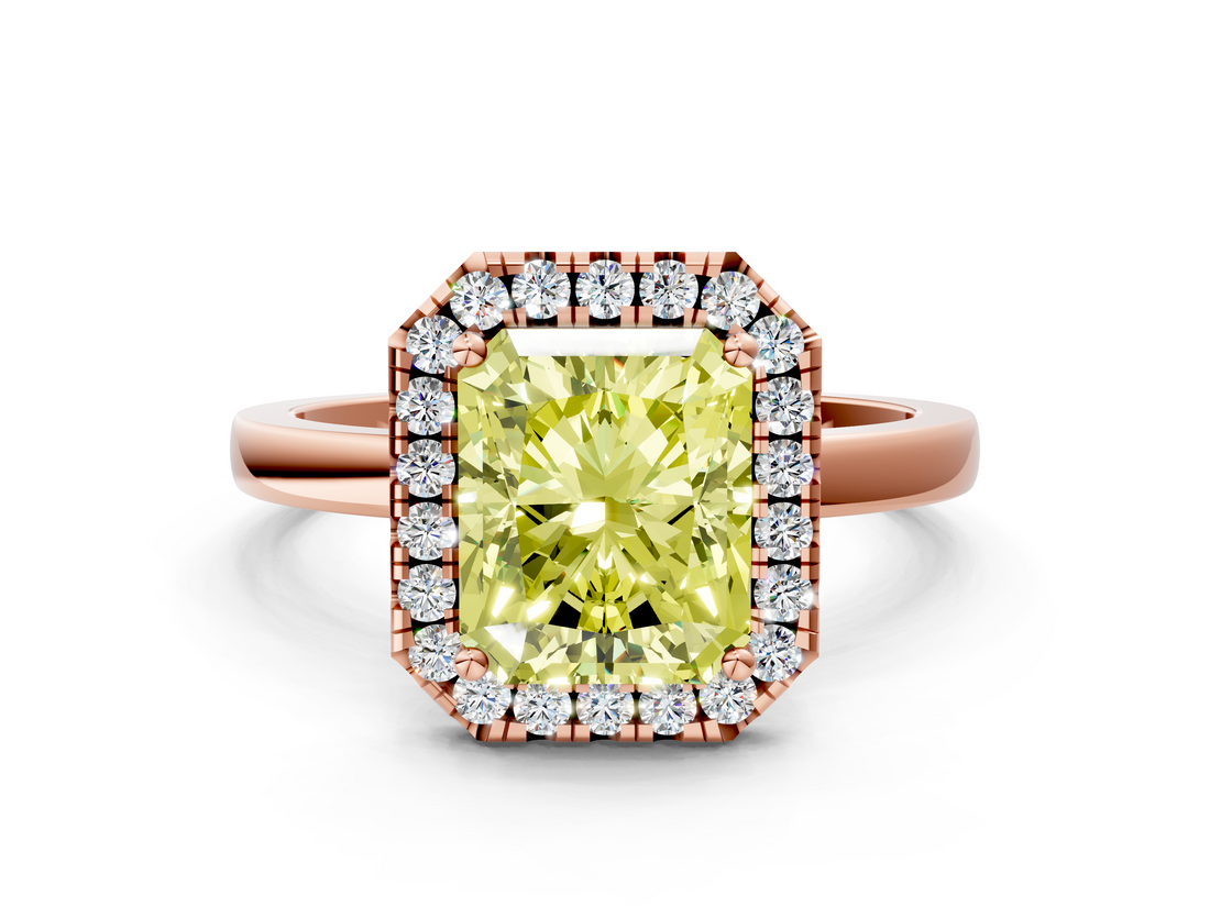 Rose gold Fancy Yellow Radiant  Halo Diamond Solitaire with Pavé Band and Four-Prong Setting_75