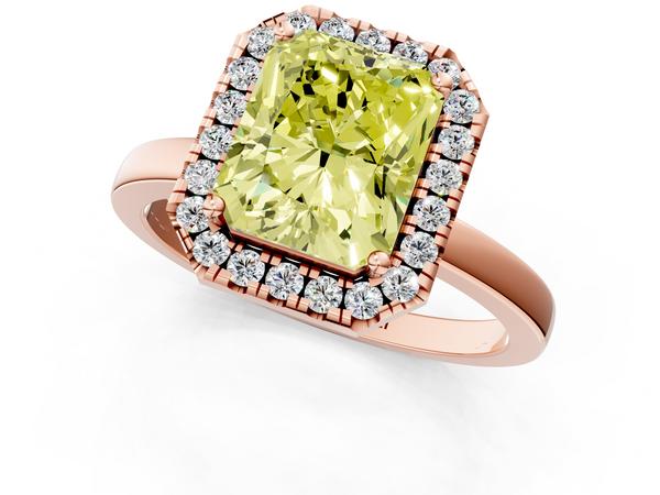 Rose gold Fancy Yellow Radiant  Halo Diamond Solitaire with Pavé Band and Four-Prong Setting