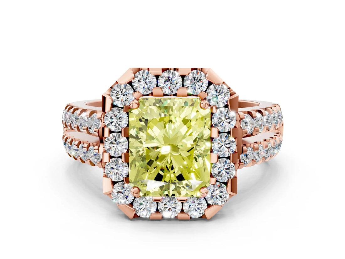 Rose gold Fancy Yellow Radiant  Halo Diamond Split Shank Engagement Ring with Prong Setting_68