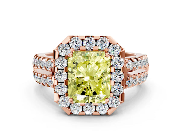 Rose gold Fancy Yellow Radiant  Halo Diamond Split Shank Engagement Ring with Prong Setting
