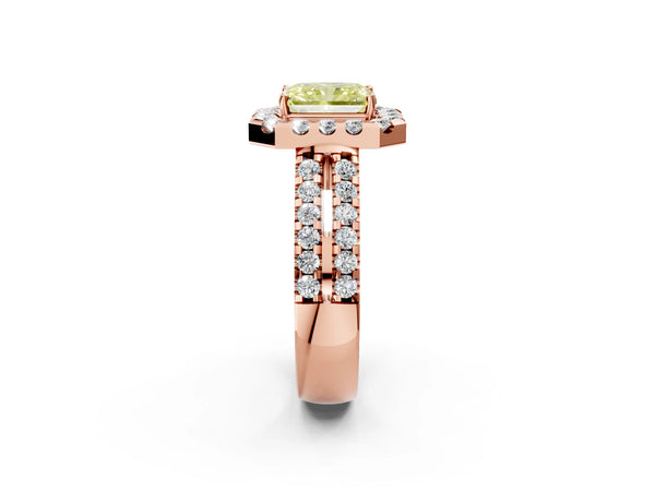 Rose gold Fancy Yellow Radiant  Halo Diamond Split Shank Engagement Ring with Prong Setting
