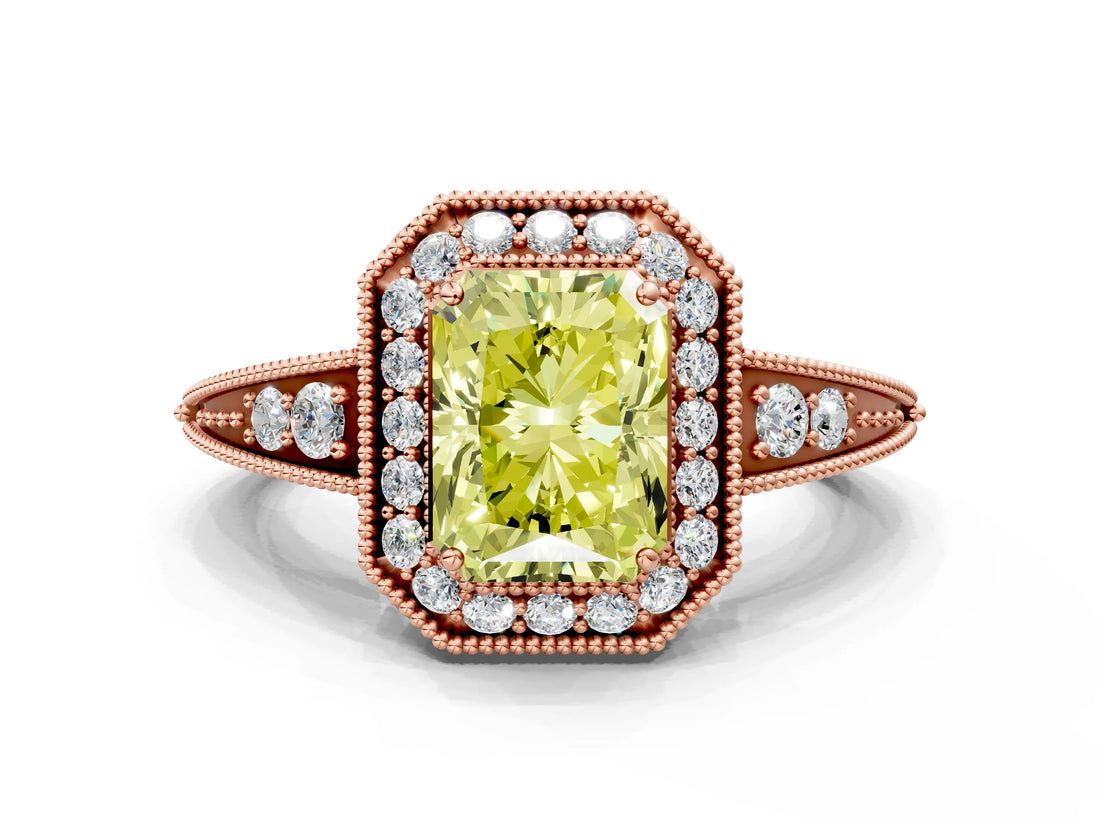 Rose gold Fancy Yellow Radiant  Halo Diamond Split Shank Ring with Milgrain Detail_51