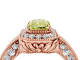 Rose gold Fancy Yellow Radiant  Halo Diamond Split Shank Ring with Milgrain Detail_55