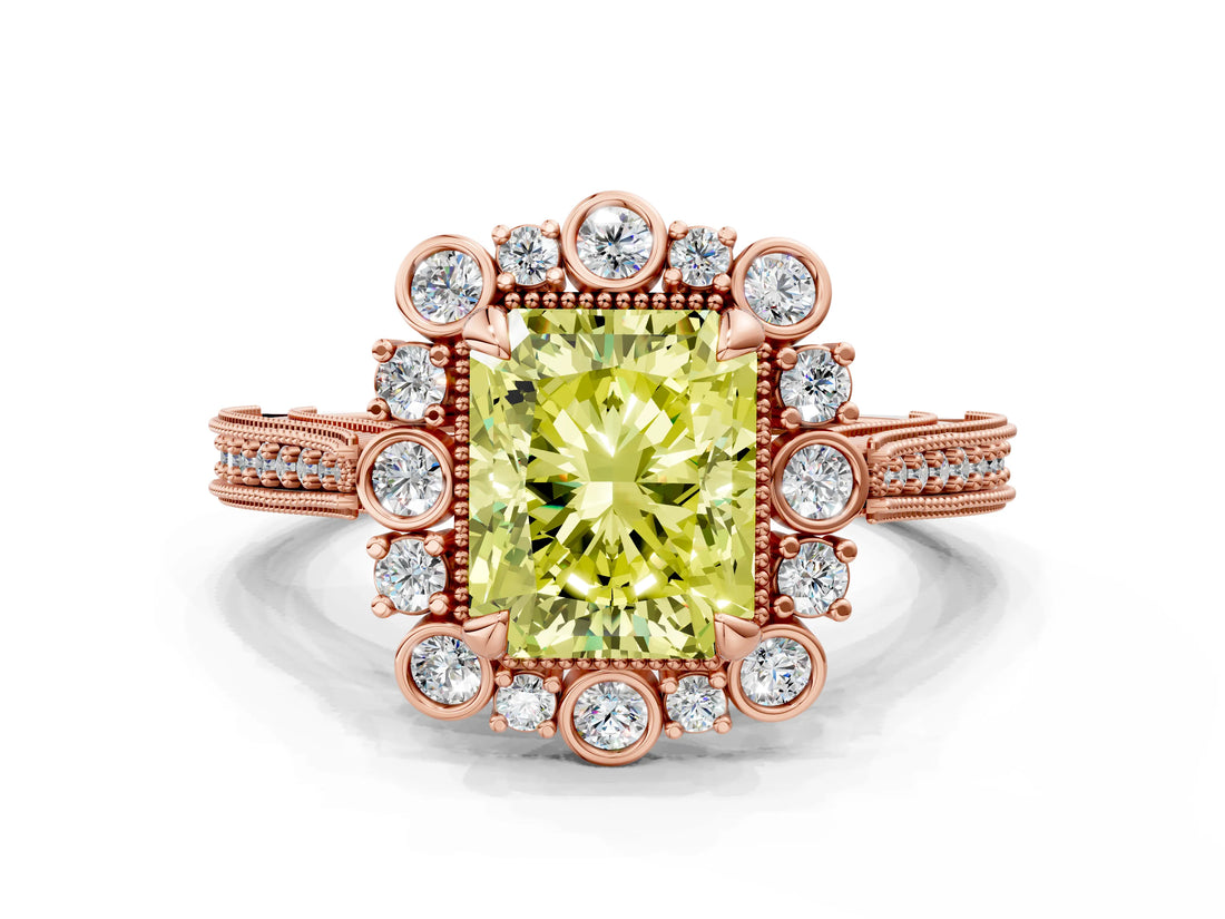 Rose gold Fancy Yellow Radiant  Halo Milgrain Pave Diamond Ring with Four-Prong Setting 1