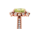 Rose gold Fancy Yellow Radiant  Halo Milgrain Pave Diamond Ring with Four-Prong Setting
