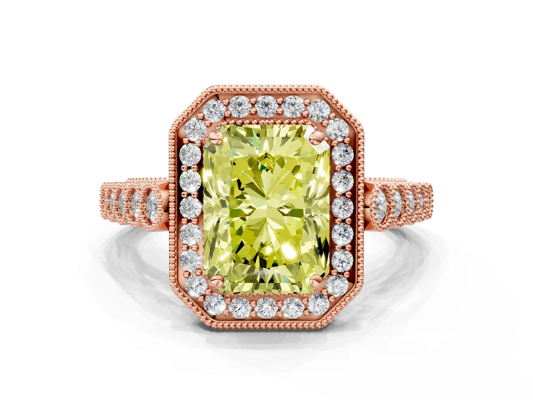 Rose gold Fancy Yellow Radiant  Halo Milgrain Solitaire with Bezel Set Side Stones and Pave Band_32