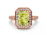 Rose gold Fancy Yellow Radiant  Halo Milgrain Solitaire with Bezel Set Side Stones and Pave Band_32