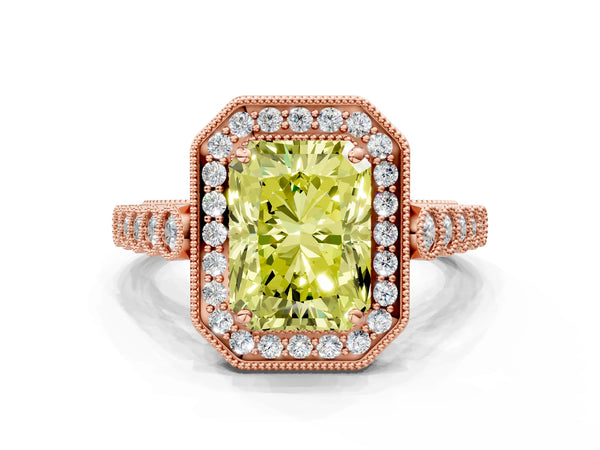 Rose Gold Radiant Cut Graduated Milgrain Halo Engagement Ring Setting for Fancy Yellow Center