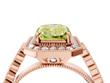 Rose gold Fancy Yellow Radiant  Halo Milgrain Solitaire with Bezel Set Side Stones and Pave Band_36