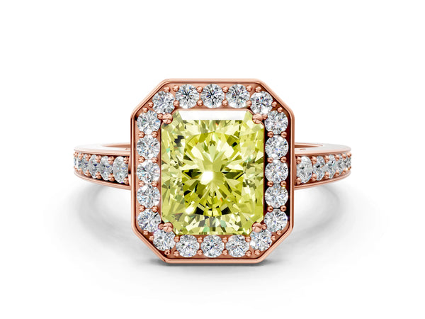 Rose gold Fancy Yellow Radiant  Halo Pavé Diamond Engagement Ring with Bezel Setting