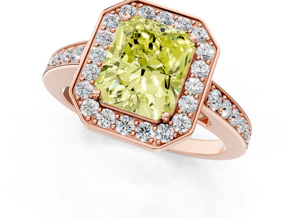 Rose gold Fancy Yellow Radiant  Halo Pavé Diamond Engagement Ring with Bezel Setting