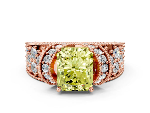 Rose gold Fancy Yellow Radiant  Halo Pave Diamond Engagement Ring with Milgrain Detailing