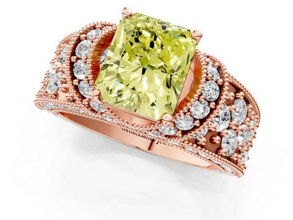 Rose gold Fancy Yellow Radiant  Halo Pave Diamond Engagement Ring with Milgrain Detailing