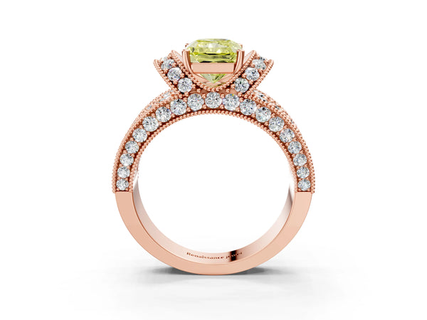Rose gold Fancy Yellow Radiant  Halo Pave Diamond Engagement Ring with Milgrain Detailing