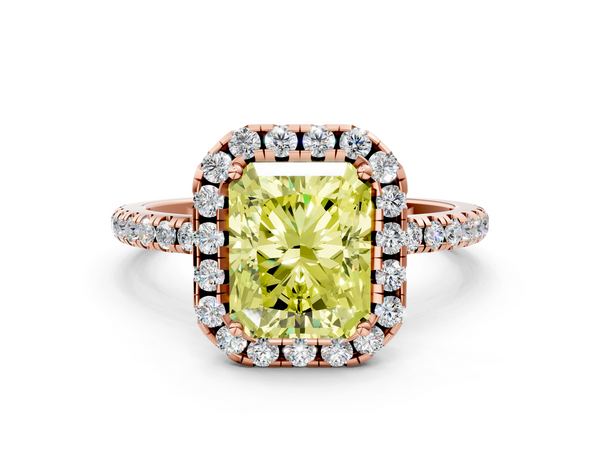 Rose gold Fancy Yellow Radiant  Halo Round Diamond Pavé Band Four-Prong Ring