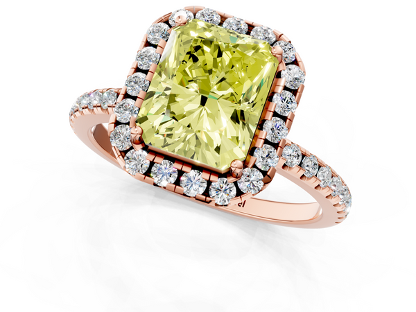 Rose gold Fancy Yellow Radiant  Halo Round Diamond Pavé Band Four-Prong Ring