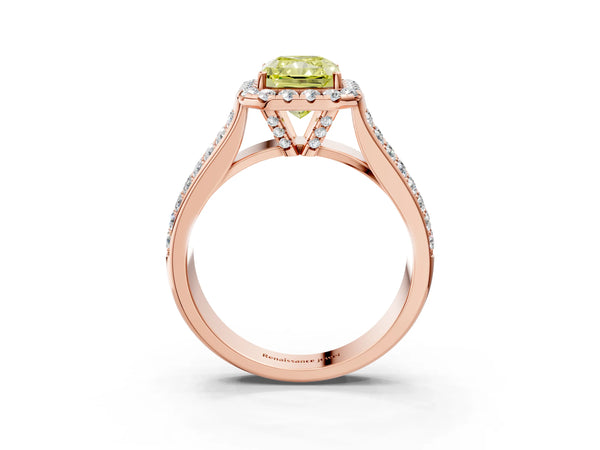Rose gold Fancy Yellow Radiant  Halo Round Diamond Pave Band with Prong Setting
