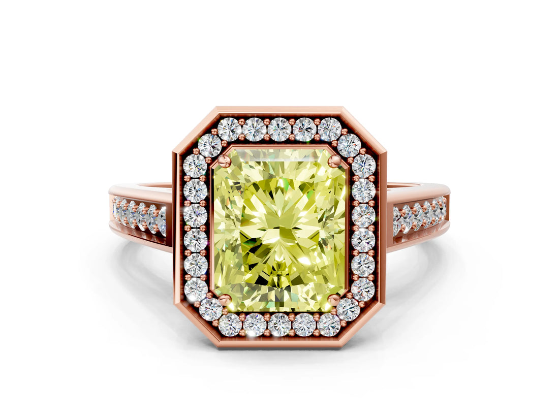 Rose gold Fancy Yellow Radiant  Halo Solitaire Diamond Ring with Pave Band and Bezel Setting_73
