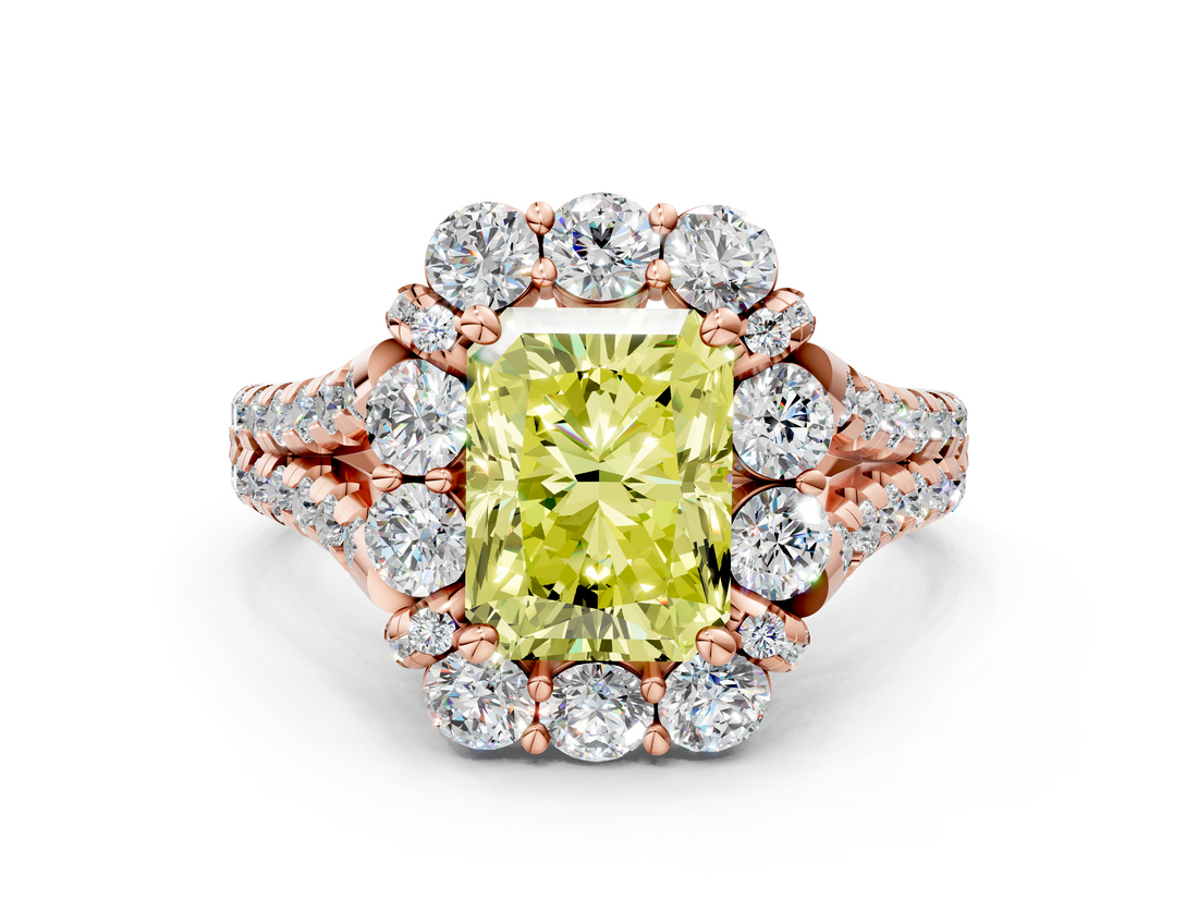 Rose gold Fancy Yellow Radiant  Halo Split Shank Diamond Engagement Ring with Pave Band and Four-Prong Setting_54