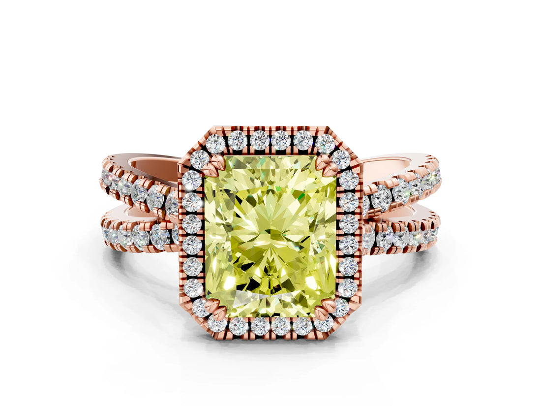 Rose gold Fancy Yellow Radiant  Halo Split Shank Diamond Ring with Pavé Setting_26