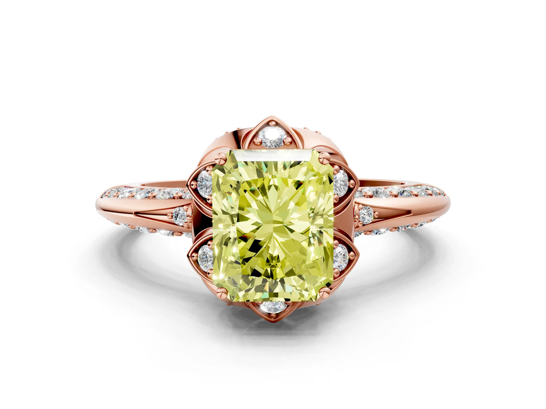 Rose gold Fancy Yellow Radiant  Halo Split Shank Pave Diamond Ring with Petal Prong Setting_20