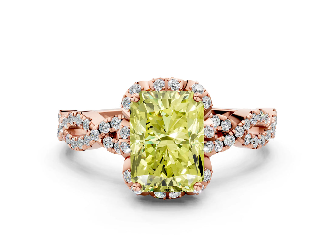 Rose gold Fancy Yellow Radiant  Halo Twist Band Solitaire Ring with Six-Prong Setting_3
