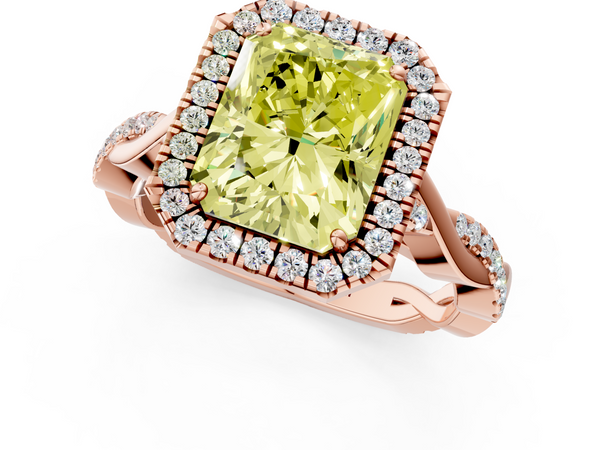 Rose gold Fancy Yellow Radiant  Halo Twist Band Solitaire Ring