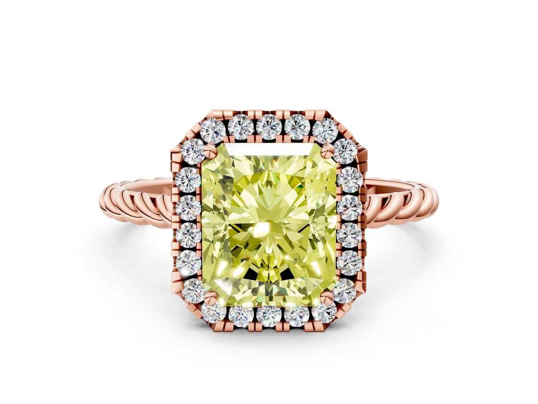 Rose gold Fancy Yellow Radiant  Halo Twisted Band Four-Prong Diamond Ring_20