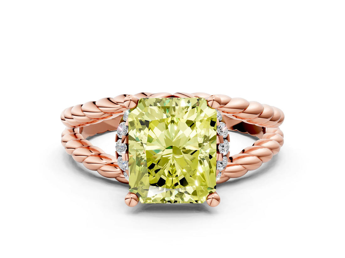 Rose gold Fancy Yellow Radiant  Halo Twisted Band Four-Prong Ring_33