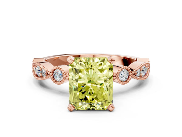 Rose gold Fancy Yellow Radiant  Milgrain Bezel Diamond Engagement Ring with Solitaire Prong Setting