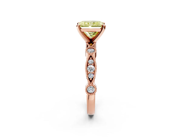 Rose gold Fancy Yellow Radiant  Milgrain Bezel Diamond Engagement Ring with Solitaire Prong Setting