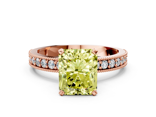 Rose gold Fancy Yellow Radiant Cut Diamond Milgrain Pavé Engagement Ring with Four-Prong Setting