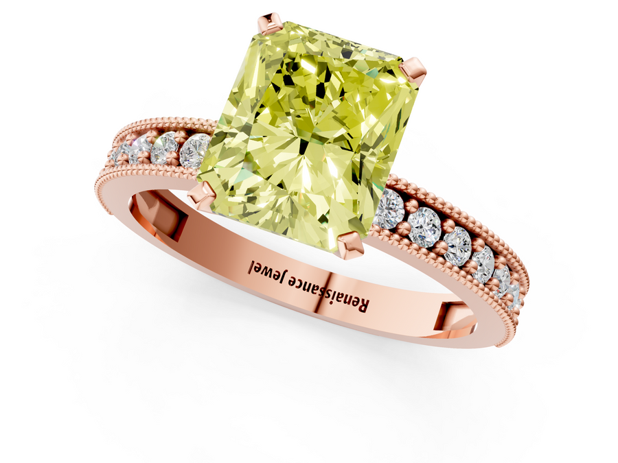 Rose gold Fancy Yellow Radiant Cut Diamond Milgrain Pavé Engagement Ring with Four-Prong Setting