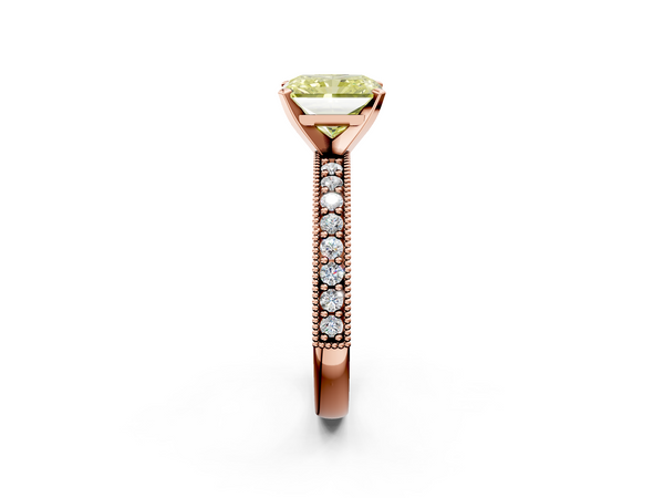 Rose gold Fancy Yellow Radiant Cut Diamond Milgrain Pavé Engagement Ring with Four-Prong Setting