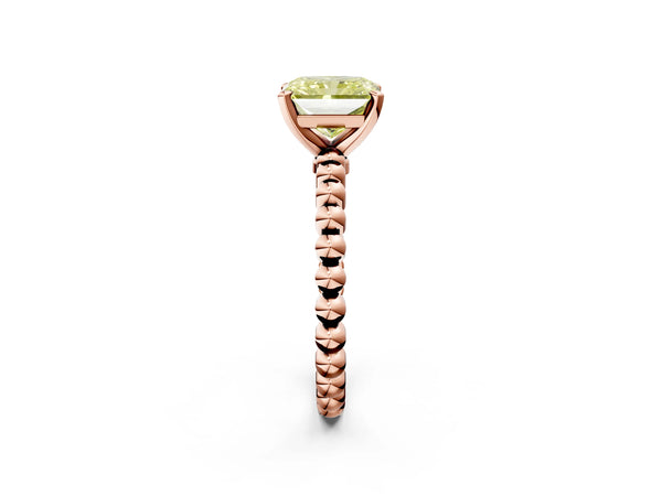 Rose gold Fancy Yellow Radiant Cut Diamond Solitaire Ring with Beaded Band and Prong Setting