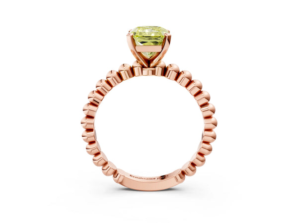 Rose gold Fancy Yellow Radiant Cut Diamond Solitaire Ring with Beaded Band and Prong Setting