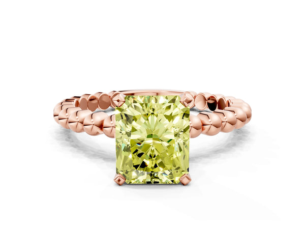 Rose gold Fancy Yellow Radiant Cut Diamond Solitaire Ring with Beaded Band and Prong Setting