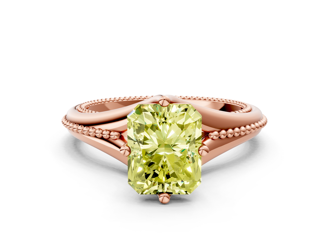 Rose gold Fancy Yellow Radiant  Solitaire Beaded Band Six-Prong Setting