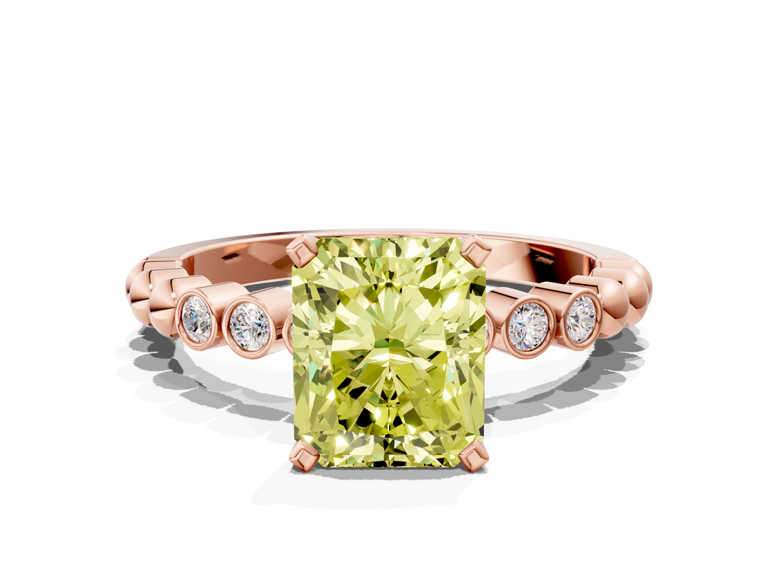 Rose gold Fancy Yellow Radiant  Solitaire Bezel Accent Diamond Engagement Ring with Beaded Band and Four-Prong Setting_24