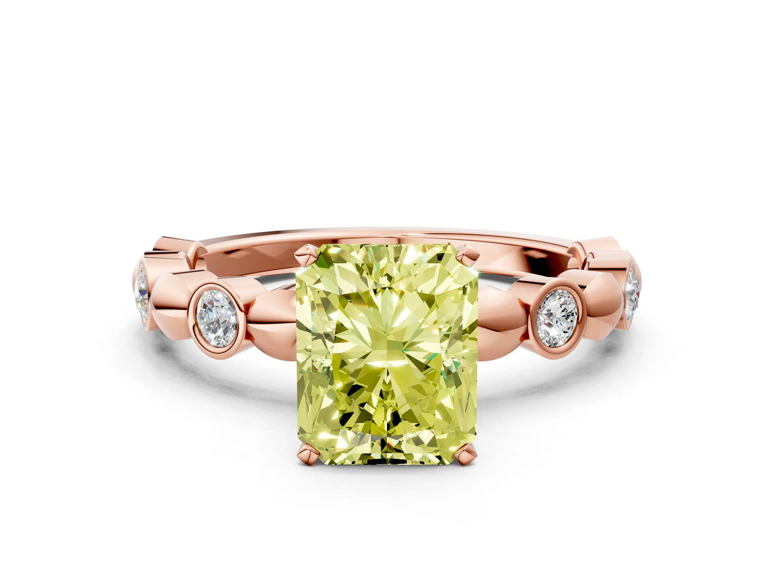 Rose gold Fancy Yellow Radiant  Solitaire Bezel-Set Diamond Ring with Beaded Band and Four-Prong Setting_31
