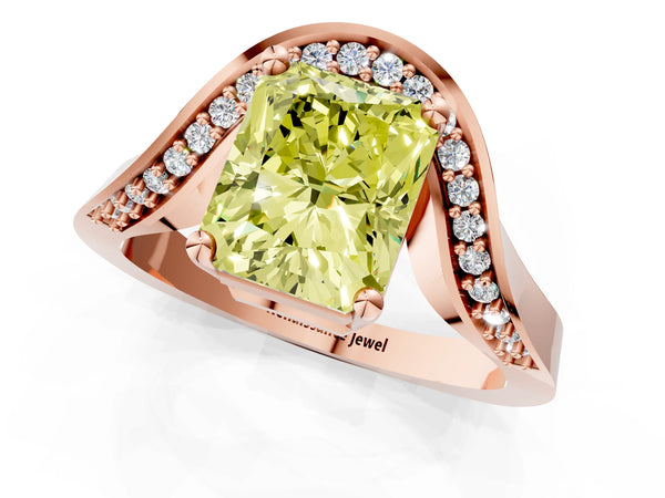 Rose gold Fancy Yellow Radiant  Solitaire Diamond Engagement Ring with Pave Band and Four-Prong Setting