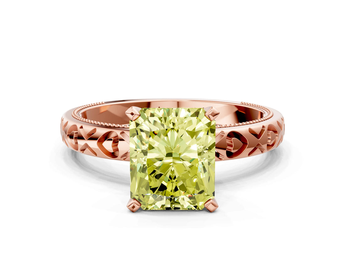 Rose gold Fancy Yellow Radiant  Solitaire Diamond Engagement Ring with XO Engraved Band and Four-Prong Setting 1