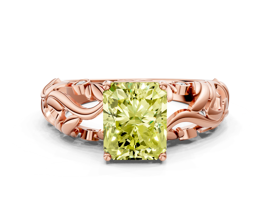 Rose gold Fancy Yellow Radiant  Solitaire Diamond Leaf Vine Band with Prong Setting_28