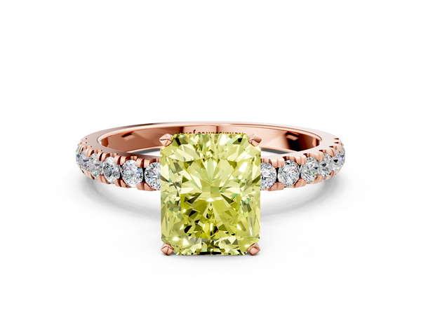 Rose gold Fancy Yellow Radiant Cut Diamond Solitaire Ring with Pavé Accents and Four-Prong Setting