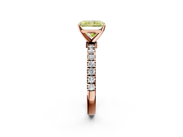 Rose gold Fancy Yellow Radiant Cut Diamond Solitaire Ring with Pavé Accents and Four-Prong Setting
