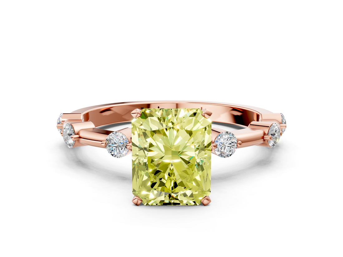 Rose gold Fancy Yellow Radiant  Solitaire Diamond Ring with Bezel Set Side Stones and Prong Setting_3