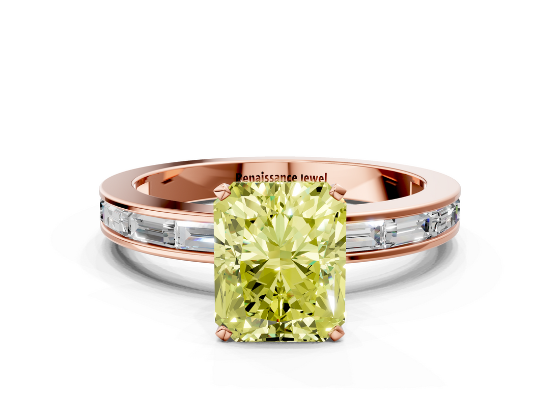 Rose gold Fancy Yellow Radiant  Solitaire Diamond Ring with Channel-Set Baguette Band and Four-Prong Setting_80