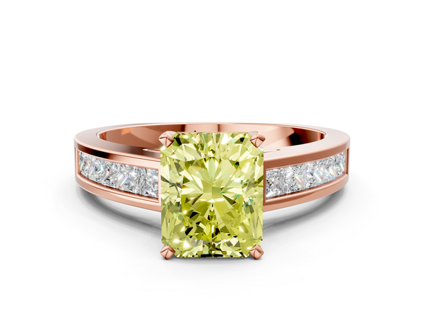 Rose gold Fancy Yellow Radiant  Solitaire Diamond Ring with Channel-Set Band and Four-Prong Setting
