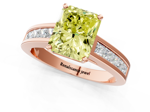 Rose gold Fancy Yellow Radiant  Solitaire Diamond Ring with Channel-Set Band and Four-Prong Setting